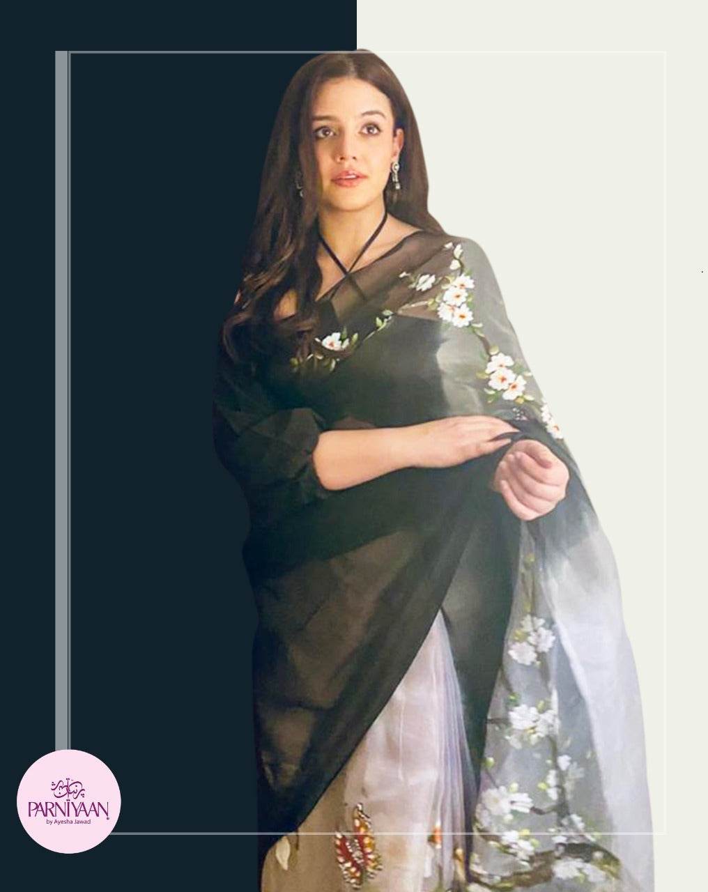 Zara Noor Abbas Black Sari - Parniyaan-clothing